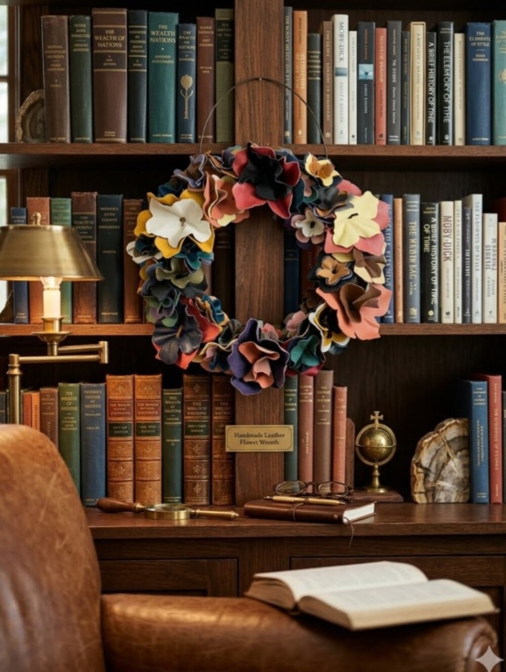 Handmade Leather Flower Rosette Wreath-14"  Multicolor